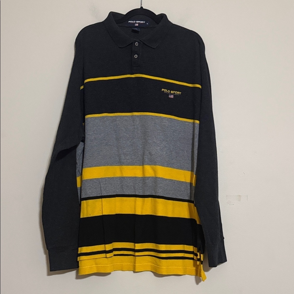 Polo by Ralph Lauren Men Yellow Gray Striped Polo shirt XL waffle knit Y2K 90’s